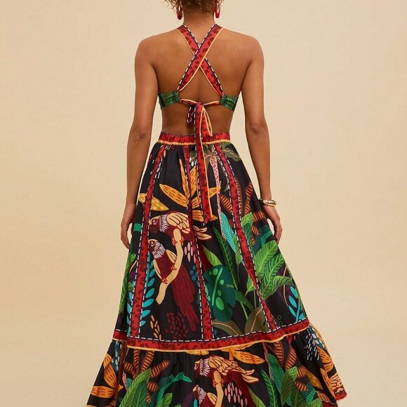 Black Boho Women's Palm Tree Print Strapless Hollow Out Dress - Picture 2 of 6